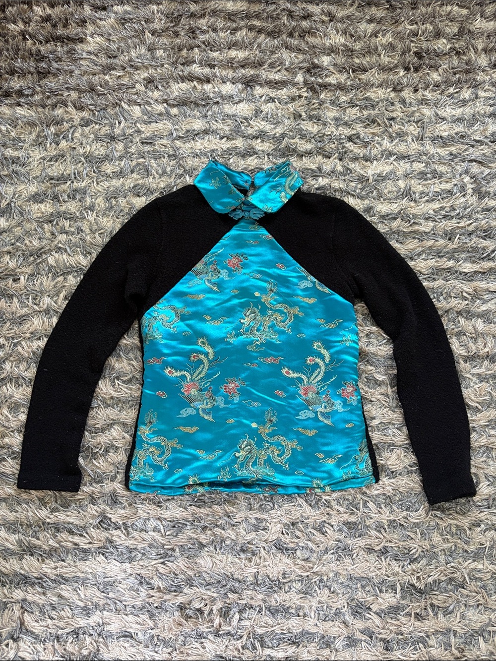 Vintage Y2K Cheongsam Brocade Silk Dragon Knit Sweater Top Turquoise Black Small